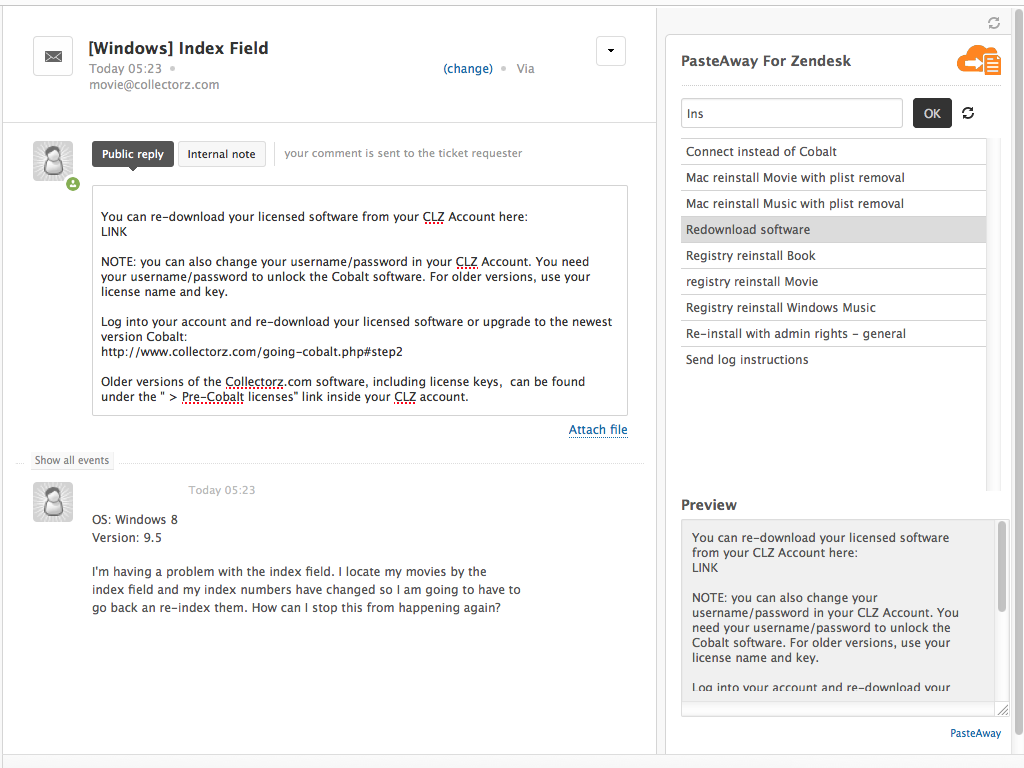 PasteAway app for Zendesk - Search