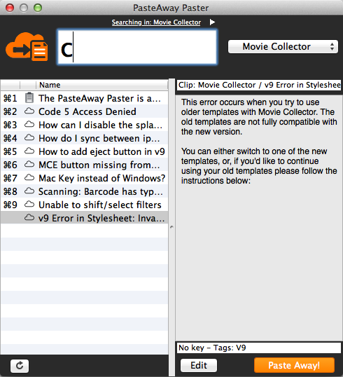 PasteAway client for Mac - Search