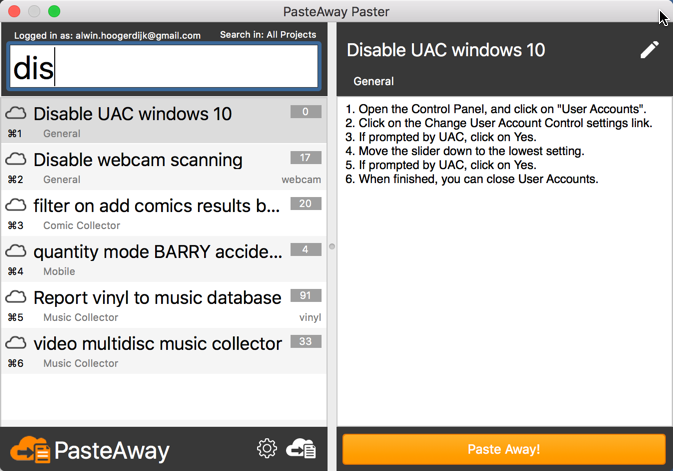 PasteAway client for Mac - Search