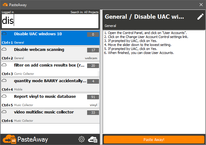 PasteAway client for Mac - Search